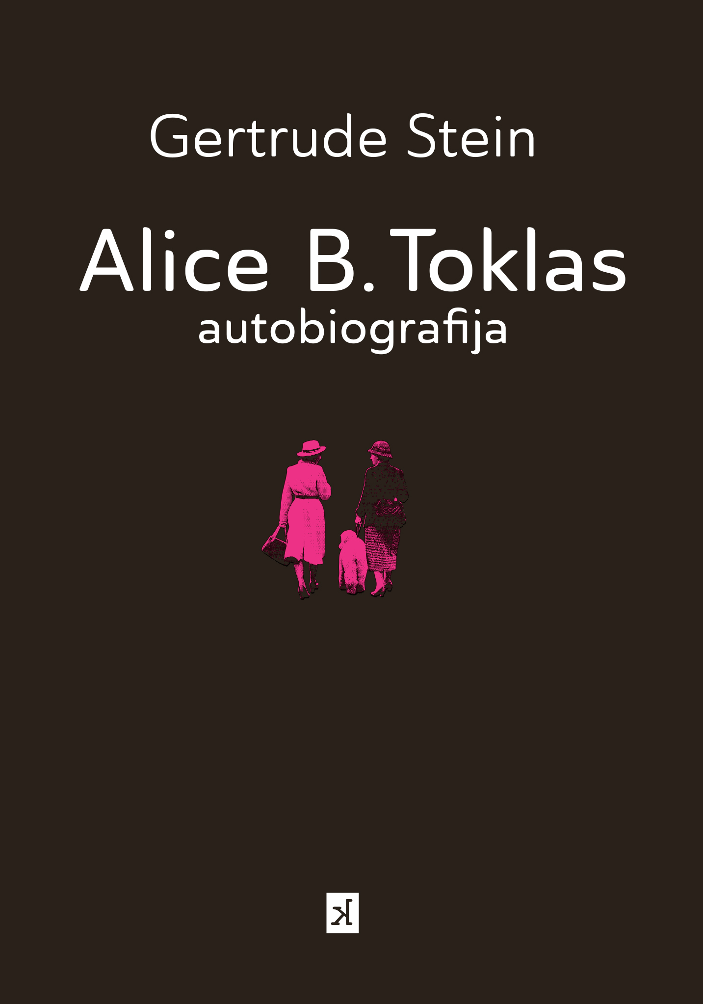 Viršelio fonas tamsiai rudos, beveik juodos spalvos. Viršutinėje dalyje, baltu šriftu, parašytas autorės vardas: „Gertrude Stein“. Žemiau, didesniu šriftu, knygos pavadinimas: „Alice B. Toklas autobiografija“. Žemiau pavadinimo, centre, yra rožinės spalvos stilizuotas senovinės fotografijos fragmentas – dvi moterys einančios iš nugaros, lydimos pudelio. Figūros kontrastingai išsiskiria iš tamsaus fono ir perteikia istorinę, asmeninę nuotaiką. Apačioje, viršelio centre, baltame kvadrate, minimalistinis leidyklos „kitos knygos“ logotipas: kvadratinės formos stilizuota raidė „K“.