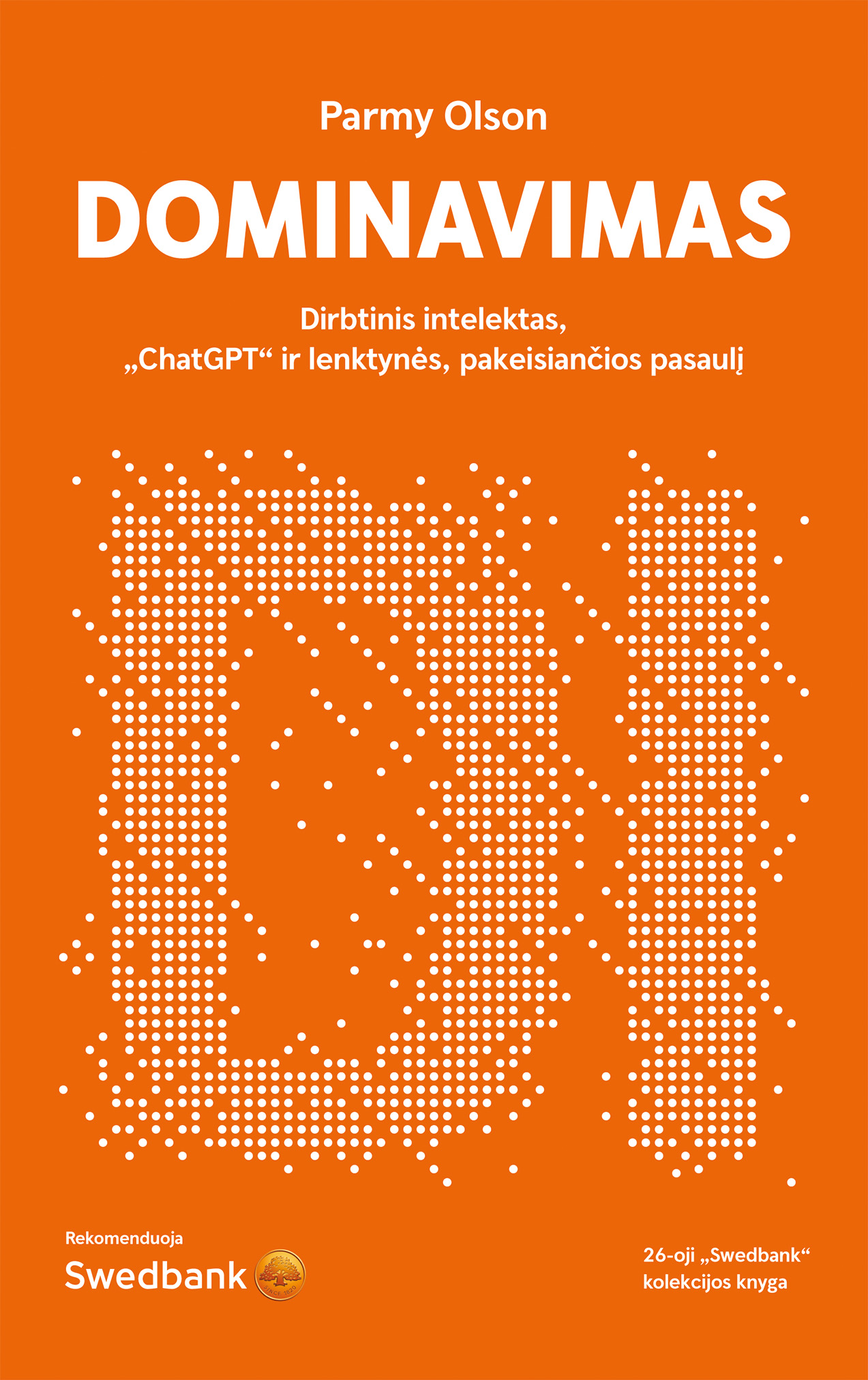 Ryškiai oranžiniame fone išdėstyti tipografiniai ir grafiniai elementai. Viršuje baltu šriftu pateiktas autorės vardas ir pavardė Parmy Olson, žemiau, stambus, didžiosiomis raidėmis užrašytas knygos pavadinimas Dominavimas. Po juo mažesniu šriftu pridėtas paantraštinis tekstas: Dirbtinis intelektas, „ChatGPT“ ir lenktynės, pakeisiančios pasaulį. Centrinėje dalyje fone suformuotos didelės, iš baltų taškelių sudarytos stilizuotos raidės „DI“, išdėstytos tinkleliu. Šis elementas sukuria erdvinį ir technologinį įspūdį, vizualiai siejamą su skaitmenine estetika. Apatinėje dalyje kairėje baltu šriftu užrašyta Rekomenduoja Swedbank, šalia, oranžinis banko logotipas apvalioje medalio formoje, jo centre pavaizduotas stilizuotas medžio simbolis. Dešinėje pusėje, taip pat baltu šriftu, pateiktas užrašas: 26-oji „Swedbank“ kolekcijos knyga. Visi elementai centre ir šone išdėstyti tvarkingai, aiškiai, laikantis minimalistinės struktūros, kurioje vyrauja kontrastas tarp sodrios oranžinės spalvos fono ir baltų tekstinių detalių.
