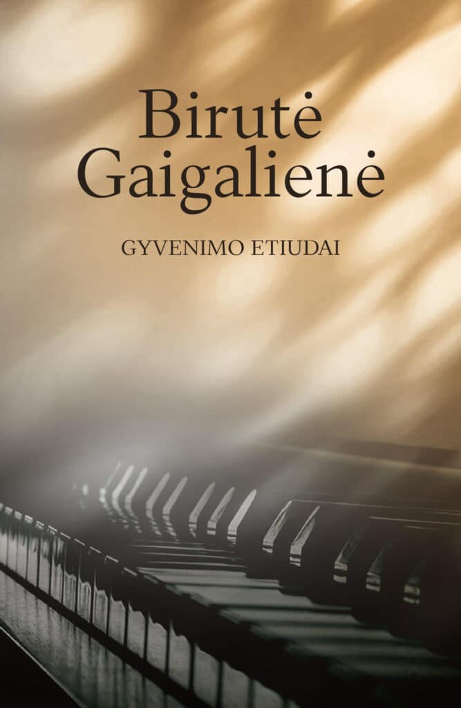 Viršelis su šiltų, auksinių atspalvių fonu, kuriame matyti šviesos ir šešėlių žaismas. Apatinėje dalyje vaizduojamas pianino klaviatūros fragmentas, kurio blizgus paviršius atspindi šviesą. Viršutinėje dalyje užrašytas knygos pavadinimas „Birutė Gaigalienė“ ir paantraštė „Gyvenimo etiudai“, parašytos elegantišku, klasikiniu šriftu