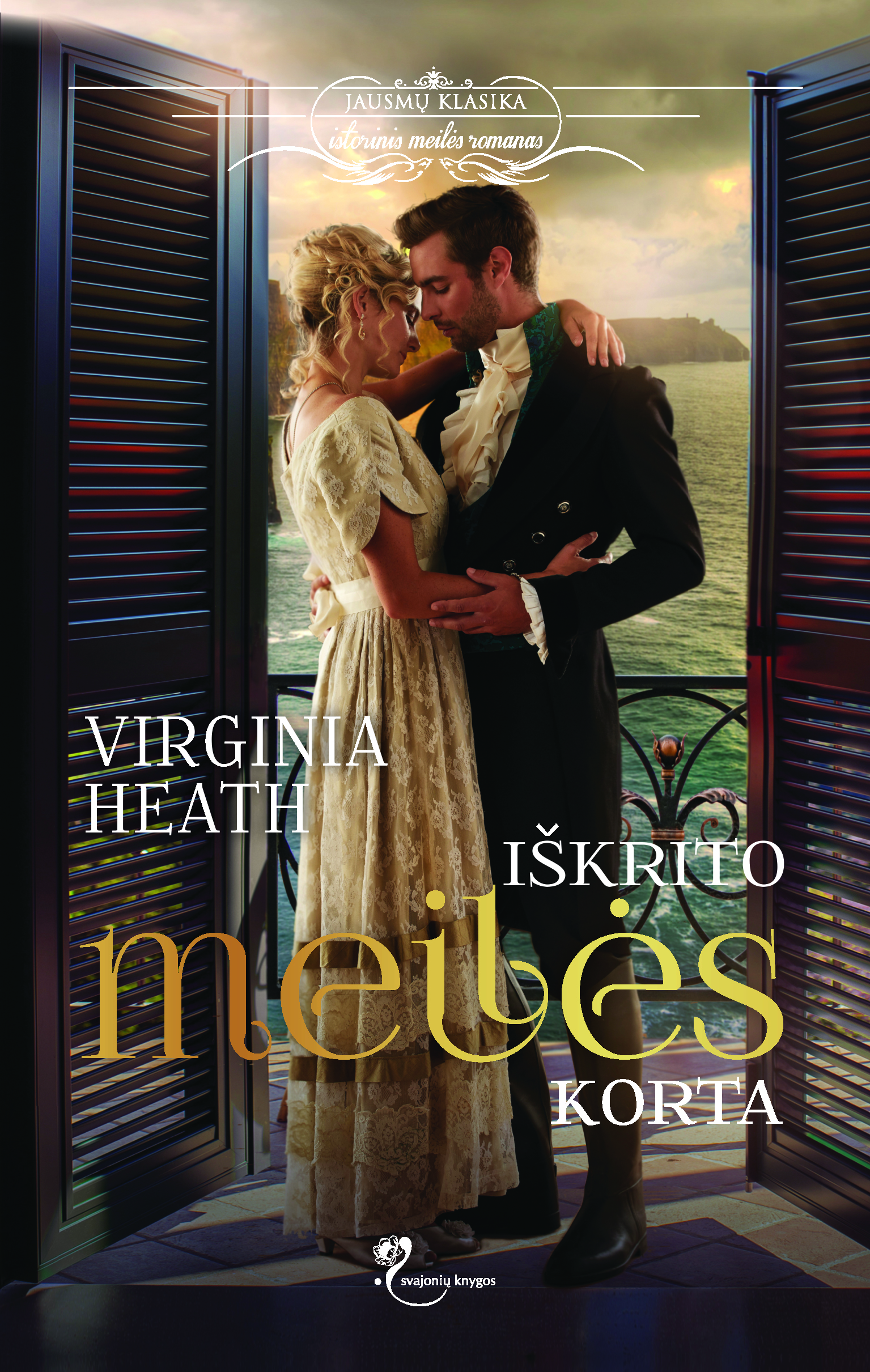 Viršelyje dailiai apsikabinusi pora, švelniai susiglaudę kaktomis. Šviesiaplaukės merginos banguoti plaukai sukelti į dailų kuoduką. Ji vilki baltą, ilgą, gipiūrinę suknelę trumpomis rankovėmis, ties liemeniu sujuostą baltu kaspinu. Vyriškis vilki ilgą juodą elegantišką švarką, po juo baltus marškinius, kurių priekis puoštas dailia kokarda. Jis mūvi smėlio spalvos klasikines kelnes ir juodus aulinius batus. Jie stovi tartum balkone, iš abiejų pusių matyti rudos medinės durys. Už jų saulės nušviestos jūros bangos. Tolumoje miškų masyvas. Viršelio viršuje per vidurį užrašas baltomis raidėmis „Jausmų klasika. Istorinis meilės romanas“. Viršelio viduryje baltomis didžiosiomis raidėmis užrašyta knygos autorė: Virdžinija Hyt). Žemiau per tris eilutes užrašytas knygos pavadinimas „Iškrito meilės korta“. Žodžiai „Iškrito“ ir „korta“ baltomis didžiosiomis raidėmis vienu šriftu. Žodis „meilės“ auksinėmis mažosiomis raidėmis kitu, kelis kartus didesniu, šriftu. Po pavadinimu baltas leidyklos logotipas „Svajonių knygos“, puoštas ornamentu, primenančiu gėlės žiedą.