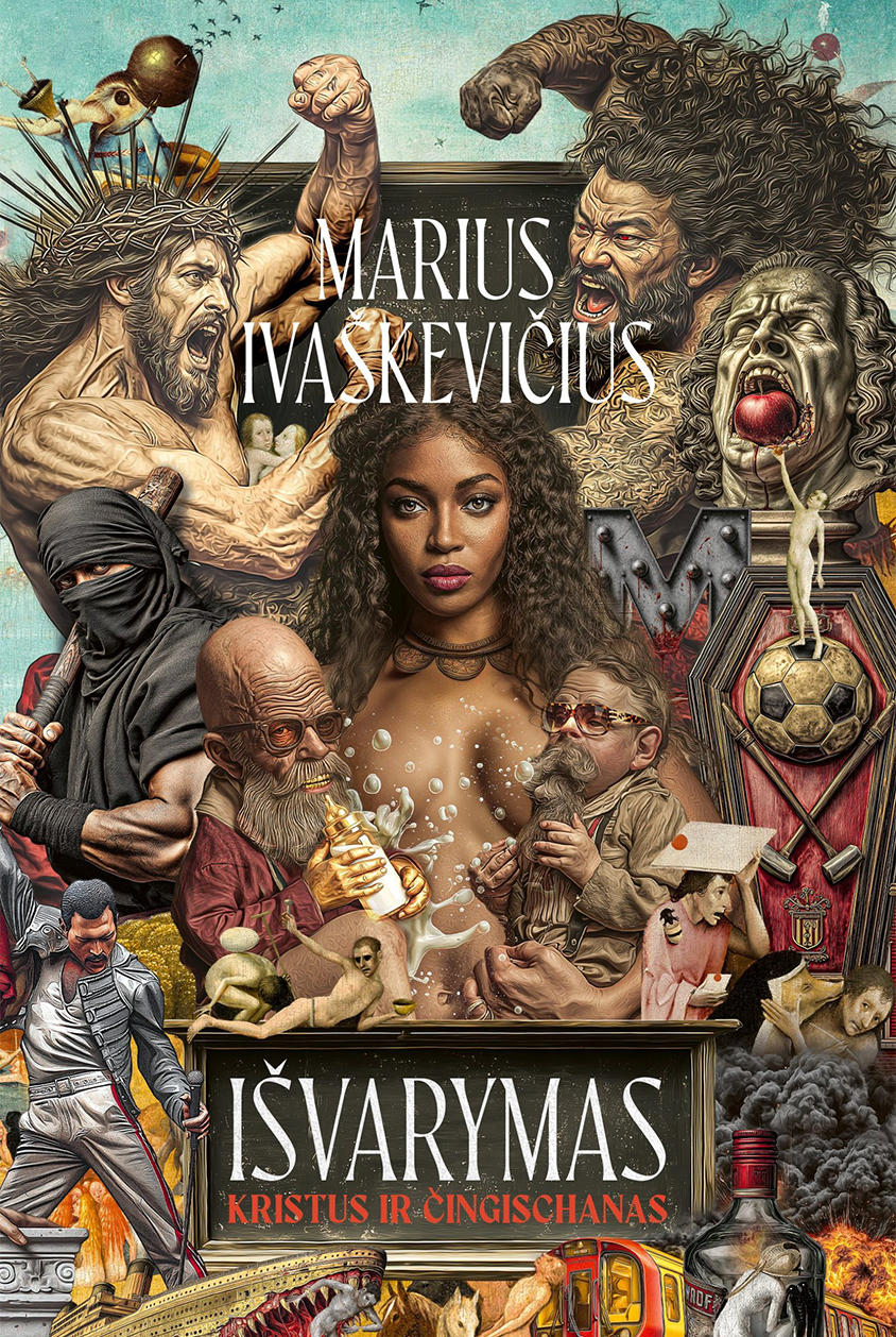 Knygos viršelis su siurrealistine, koliažo principu sukurta kompozicija. Centre stovi jauna tamsiaodė moteris garbanotais plaukais, žvelgianti tiesiai į žiūrovą. Aplink ją sluoksniuojasi įvairūs istoriniai, religiniai ir kultūriniai personažai bei simboliai. Viršuje matyti du rėkiantys, raumeningi vyrai – vienas su erškėčių vainiku primena Kristų, kitas laukinės išvaizdos, pakelta ranka. Kairėje – juodai apsirengęs, veidą pridengęs karys su lazda. Apačioje kairėje – scena, primenanti roko atlikėją su mikrofonu, panašų į Freddie Mercury. Šalia – mažas nuogas žmogeliukas, keistos proporcijos figūros, nykštuko dydžio vyrai su barzdomis, vienas jų laiko kūdikio buteliuką, iš kurio tykšta pienas. Dešinėje pusėje – atverta burna su obuoliu, karsto formos rėmas su futbolo kamuoliu, raudonas traukinys, liepsnos ir dūmai, stiklinis butelis su žmogaus figūra viduje. Fone – paukščiai danguje ir dekoratyviniai elementai.  Viršuje didelėmis raidėmis parašyta autoriaus pavardė „Marius Ivaškevičius“. Apačioje, tamsiame rėmelyje, pavadinimas „Išvarymas. Kristus ir Čingischanas“. Kompozicija tanki, pilna detalių, perteikianti chaoso, konflikto ir simbolinės įtampos įspūdį.