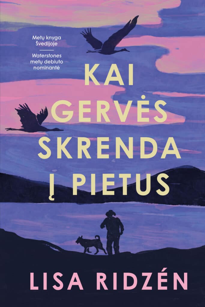 Viršelio iliustracijoje vakaro dangaus fone skrenda dvi gervės, ežero pakrantėje matyti einančių žmogaus ir šuns siluetai. Viršuje kairėje parašyta, jog tai yra „Metų knyga Švedijoje“ bei „Waterstones metų debiuto nominantė“. Centre užrašytas pavadinimas „Kai gervės skrenda į pietus“. Apačioje autorės vardas – Lisa Ridzén