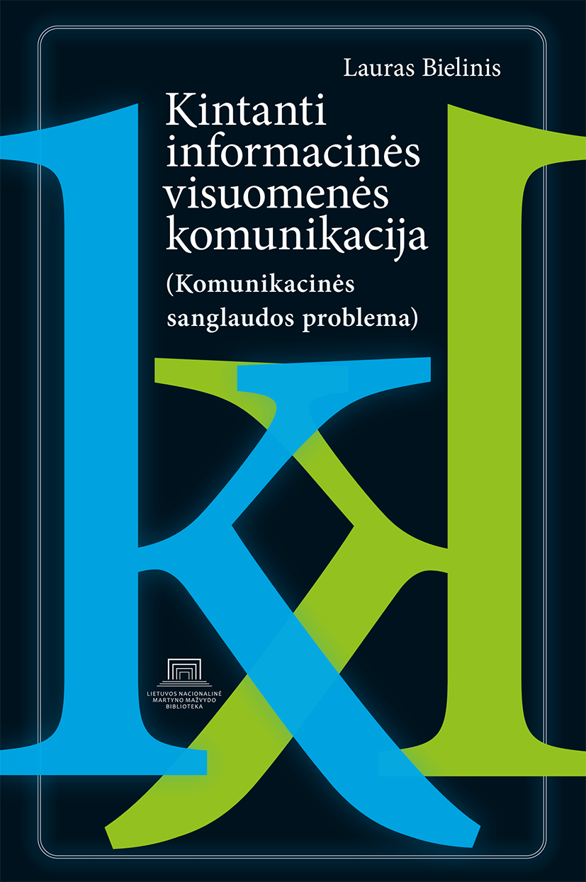 Viršelyje dominuoja minimalistinis, modernus dizainas. Juodame fone matyti subtilus šviesiai mėlynas rėmelis ir dvi didelės, stilizuotos raidės „K“, viena mėlyna, kita žalia, išdėstytos veidrodiniu principu ir persidengiančios viduryje. Mėlyna raidė vaizduojama kairėje, žalia – dešinėje, o jų sankirtoje susiformuoja naujas atspalvis. Viršutinėje dalyje dešinėje baltomis raidėmis parašyta autoriaus pavardė ir vardas: Lauras Bielinis. Žemiau, centre, išdėstytas knygos pavadinimas: „Kintanti informacinės visuomenės komunikacija“, o po juo – paantraštė: „Komunikacinės sanglaudos problema“. Apačioje kairėje pusėje – Lietuvos nacionalinės Martyno Mažvydo bibliotekos logotipas ir pavadinimas. Kompozicija subalansuota, sukurta aiškumo, struktūros ir akademinio solidumo įspūdžiui perteikti.
