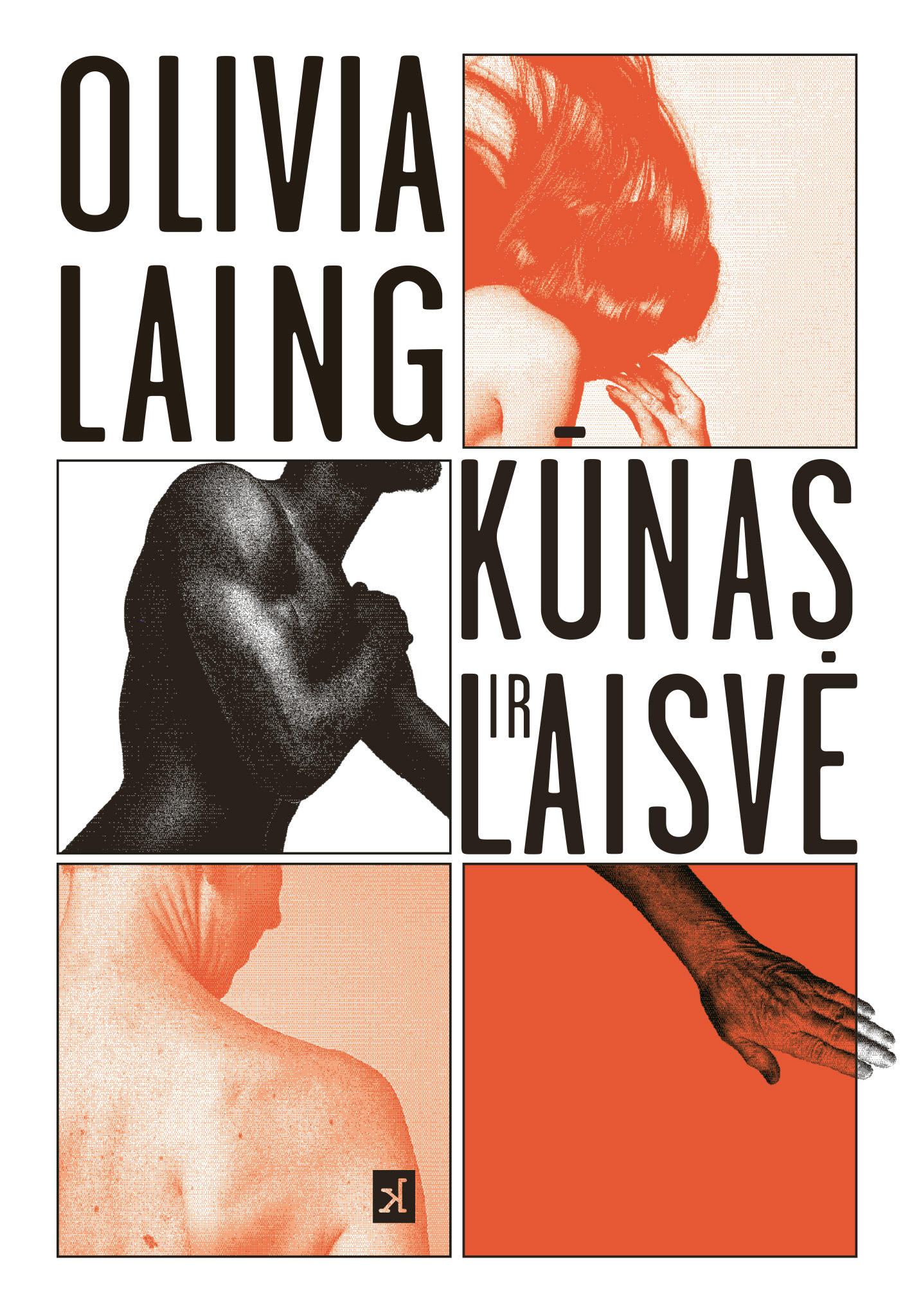 Viršelis baltame fone sudėliotas iš šešių stačiakampių blokų. Viršutiniame kairiajame bloke per dvi eilutes išdėstytas autorės vardas ir pavardė „Olivia Laing“, užrašytas didžiosiomis juodos spalvos raidėmis. Dešinėje, viduriniame bloke, per dvi eilutes išdėstytas pavadinimas „Kūnas ir laisvė“, taip pat parašytas didžiosiomis juodos spalvos raidėmis. Likusiuose keturiuose blokuose pateikti žmogaus kūno fragmentai. Viršuje dešinėje oranžiniu tonu pavaizduota moters galva su žemyn krintančiais ilgais plaukais ir pakelta ranka. Viduryje kairėje – juodai baltas vyriškos figūros liemens fragmentas. Apačioje kairėje – oranžiniu tonu pateikta vyro nugara su matomu petimi. Apačioje kairėje, tame pačiame bloke, jo dešiniajame kampe, matomas „kitos knygos“ leidyklos ženklas, stilizuota „k“ raidė įrėminta juodame kvadrate. Apačioje dešinėje – oranžinis blokas, į kurį iš kairės įsiterpia juodai balta ranka nuo riešo iki plaštakos. Visi blokai atskirti plonomis juodomis linijomis, o tekstas ir vaizdai sudėti pagal tinklelio principą, elementai vienas kito neužkloja.