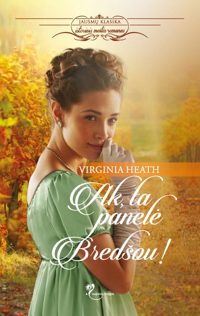 Viršelyje puošnia žalsva suknele vilkinti mergina, pasisukusi šonu, pirštinėtą ranką pakėlusi prie veido. Jos rudi plaukai sukelti į elegantišką kuodelį. Ji segi žvilgius baltus auskarus, jos kaklą puošia žvilgus vėrinys. Už jos driekiasi auksaspalvių medžių alėja, dalis medžių lapų jau nubyrėję. Viršelio viršuje per vidurį užrašas rudomis raidėmis „Jausmų klasika. Istorinis meilės romanas“. Viršelio viduryje dešinėje pusėje ant permatomos oranžinės juostelės baltomis didžiosiomis raidėmis užrašyta knygos autorė: Virdžinija Hef. Žemiau baltomis raitytomis raidėmis užrašytas knygos pavadinimas „Ak, ta panelė Bredšou!“. Po pavadinimu baltas leidyklos logotipas „Svajonių knygos“, puoštas ornamentu, primenančiu gėlės žiedą