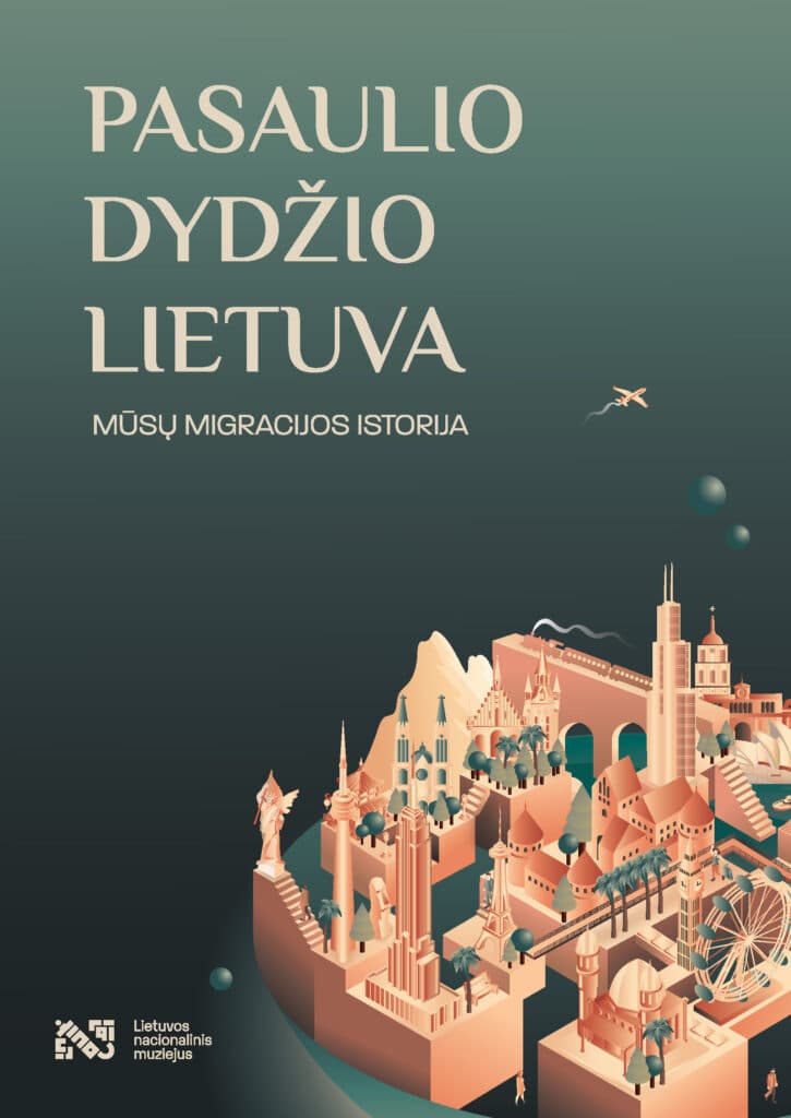 Viršelis yra žalios spalvos gradientinis fonas, kuriame viršutinėje dalyje baltomis raidėmis užrašytas pavadinimas „PASULIO DYDŽIO LIETUVA“ ir po juo mažesniu šriftu „MŪSŲ MIGRACIJOS ISTORIJA“. Apatinėje viršelio dalyje pavaizduota stilizuota pasaulio architektūra ir gamtos elementai, įskaitant įvairias įžymias vietas, tokias kaip Eifelio bokštas, Azijos šventyklos, palmės, bei traukinio viadukas. Kompozicija sudaryta iš šiltų, pastelinės oranžinės spalvos tonų, kurie kontrastuoja su tamsiu fonu. Viršelio kairėje apačioje yra Lietuvos nacionalinio muziejaus logotipas ir pavadinimas