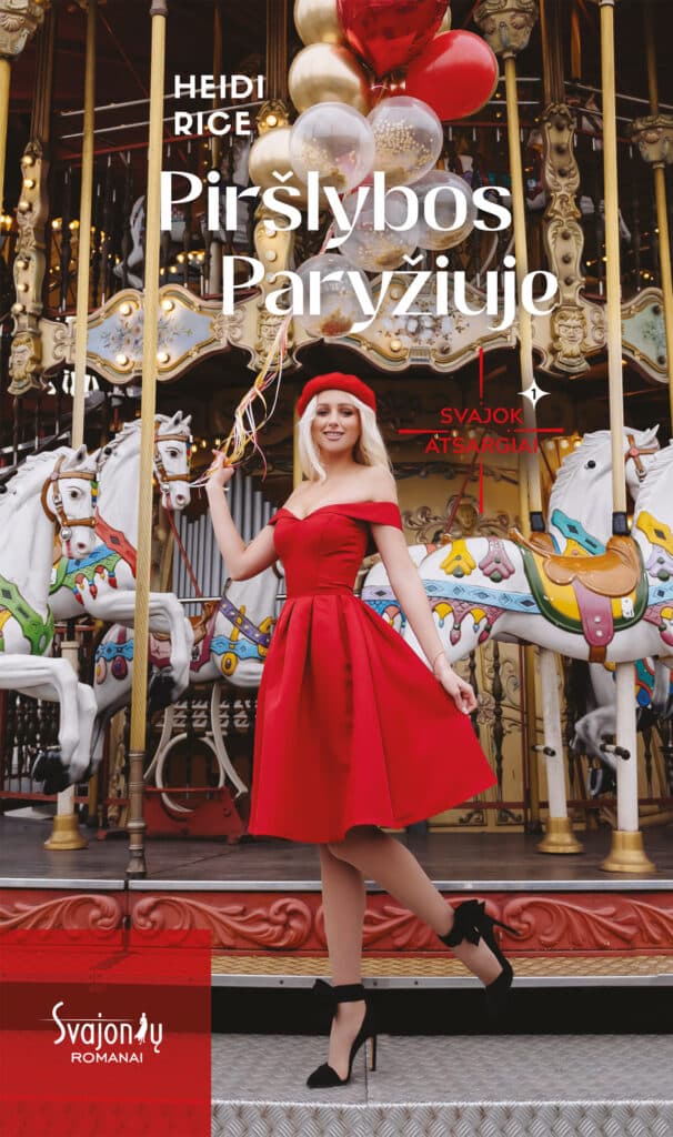 Viršelyje pavaizduota mergina ilgais šviesiais plaukais, vilkinti raudona suknele, su raudona berete, avinti juodus aukštakulnius, grakščiai šiek tiek pakėlusi kairę koją, sulenktą per kelį. Rankose ji laiko raudonų, aukso spalvos ir skaidrių balionų puokštę. Už merginos – karuselė