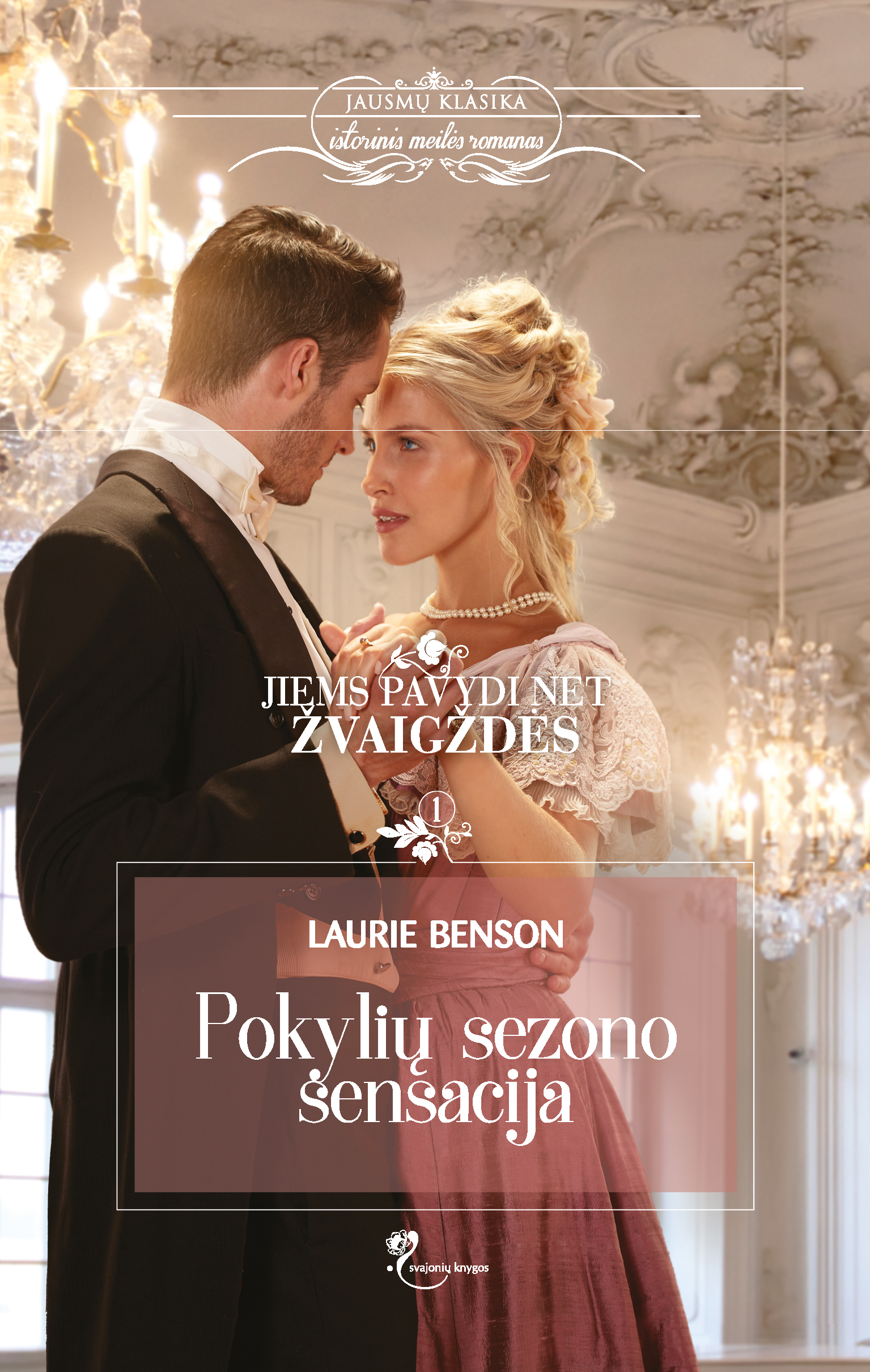 Viršelyje elegantiška šokanti pora, žvelgianti vienas į kitą, susikibusi rankomis, jų kaktos beveik liečiasi. Šviesiaplaukė moteris lengvai banguotais į kuodą sukeltais plaukais vilki švelniai rožinę pokylių suknelę kurios viršus ir rankovės išpuošti prabangiais baltais nėriniais. Ji pasidabinusi perlų karoliais. Trumpaplaukis, tamsiaplaukis vyriškis dėvi juodą klasikinį kostiumą ir baltus marškinius. Už jų matosi arkiniai pokylių salės langai, dailūs sietynai, gipso elementais (cherubinais) puoštos lubos. Viršelio viršuje per vidurį užrašas baltomis raidėmis „Jausmų klasika. Istorinis meilės romanas“. Viršelio viduryje po raitytu ornamentu baltomis didžiosiomis raidėmis užrašytas serijos pavadinimas: „Jiems pavydi net žvaigždės“. Po juo lapelio ornamentas ir skrituliukas, kuriame skaičius 1. Žemiau permatomame švelniai rožinės spalvos stačiakampyje baltomis didžiosiomis raidėmis užrašyta knygos autorė: Lori Benson. Žemiau baltomis raidėmis užrašytas knygos pavadinimas „Pokylių sezono sensacija“. Po juo baltas leidyklos  „Svajonių knygos“ logotipas, puoštas ornamentu, primenančiu gėlės žiedą.