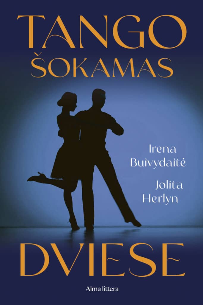 Viršelyje pateikiamas knygos pavadinimas „Tango šokamas dviese“. Centre vaizduojamas šokančios poros siluetas – vyras ir moteris, sustingę tango judesyje. Šalia jų nurodytos autorės Irena Buivydaitė ir Jolita Herlyn. Apačioje pateiktas leidyklos pavadinimas „Alma littera“. Kompozicija pabrėžia poros ryšį ir judesį, siejamą su tango šokiu bei knygos tema
