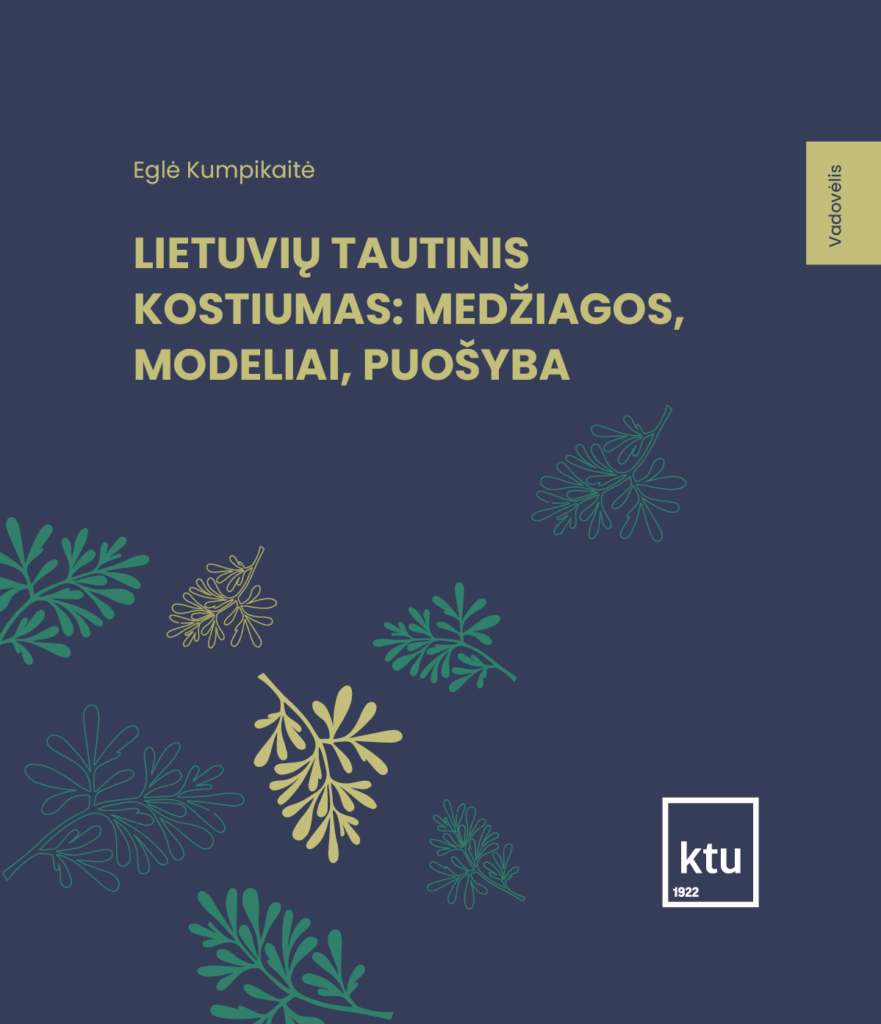 Knygos viršelis yra tamsiai mėlynos spalvos, o jo centre ir šonuose išdėstytos rūtos šakelės. Šios šakelės simbolizuoja tradicijas, grožį ir lietuvių kultūrą. Ornamentų išdėstymas suteikia viršeliui subtilaus dekoro įspūdį. Viršelio viršuje šviesiai geltonomis raidėmis parašytas knygos pavadinimas: „Lietuvių tautinis kostiumas: medžiagos, modeliai, puošyba“. Virš jo – autorės vardas Eglė Kumpikaitė. Dešinėje pusėje yra užrašas „Vadovėlis“, nurodantis, kad tai mokomoji knyga. Apačioje dešinėje Kauno technologijos universiteto (KTU) logotipas. Viršelio dizainas harmoningai derina šiuolaikiškumą ir tradicinius elementus, pabrėždamas ryšį su lietuvių kultūra bei tautinio kostiumo puošnumu