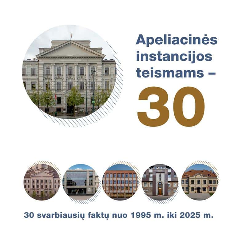 Baltame fone stambiomis raidėmis leidinio pavadinimas: Apeliacinės instancijos teismams – 30. Šalia – apskritimas, kuriame Lietuvos apeliacinio teismo pastato nuotrauka. Žemiau – penki mažesni apskritimai, kuriuose Lietuvos apygardos teismų pastatų fotografijos, tai: Vilniaus (pakartota ta pati fotografija kaip didžiajame apskritime, tik kitu rakursu, nes Vilniaus apygardos ir Lietuvos apeliacinis teismas įsikūrę tame pačiame pastate), Kauno, Klaipėdos, Šiaulių ir Panevėžio. Po apskritimais, leidinio viršelio apačioje užrašas: 30 svarbiausių faktų nuo 1995 iki 2025 metų