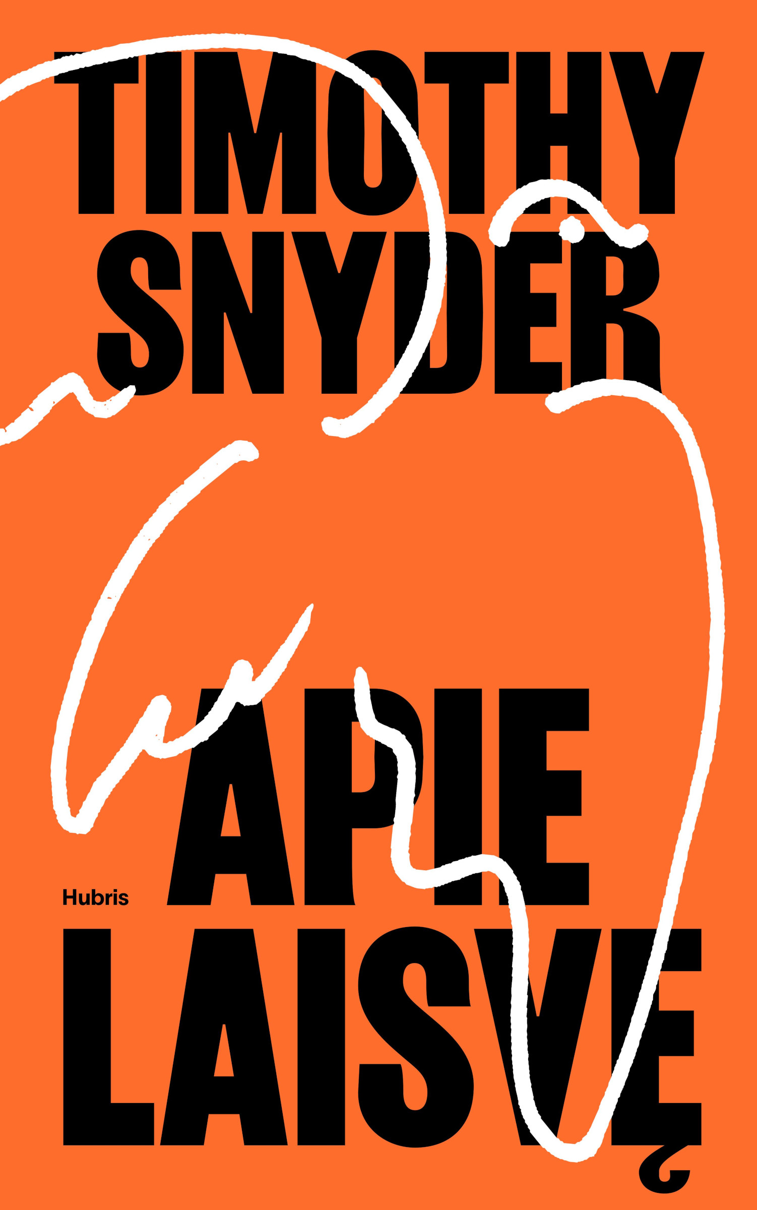 Labai ryškiai oranžiniame fone juodomis didžiosiomis raidėmis viršelio viršuje parašyta autoriaus vardas, pavardė: „Timothy Snyder“, o apačioje knygos pavadinimas: „Apie laisvę“. Viršutiniame sluoksnyje, kiek uždengdamas autoriaus ir pavadinimo raides, per visą viršelį vidutinio storio balta linija lyg ranka išvedžiotas skrendančio paukščio kontūras. Paukštis primena balandį, kyla į viršų. Mažomis juodomis raidėmis greta pirmojo pavadinimo žodžio „Apie“ įrašytas leidyklos pavadinimas: „Hubris“.