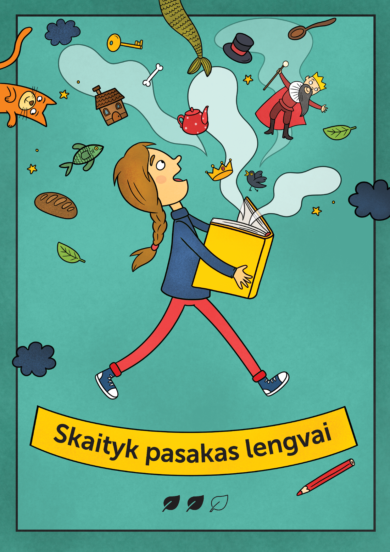 Mergaitė eina ir rankose laiko knygą. Knyga yra atversta. Iš jos į orą aplink mergaitę skrenda daug daiktų: auksinė karūna, raudonas arbatinukas, juoda varna, žali augalo lapai, medinis šaukštas, juodos duonos kepalas, tamsiai mėlyni debesėliai, oranžinis katinas, geltonos žvaigždelės ir kiti. Rudi mergaitės plaukai yra supinti į kasą. Ji dėvi raudonas kelnes ir mėlyną megztinį. Mergaitė nustebusi žiūri į daiktus, kurie skrenda iš knygos.