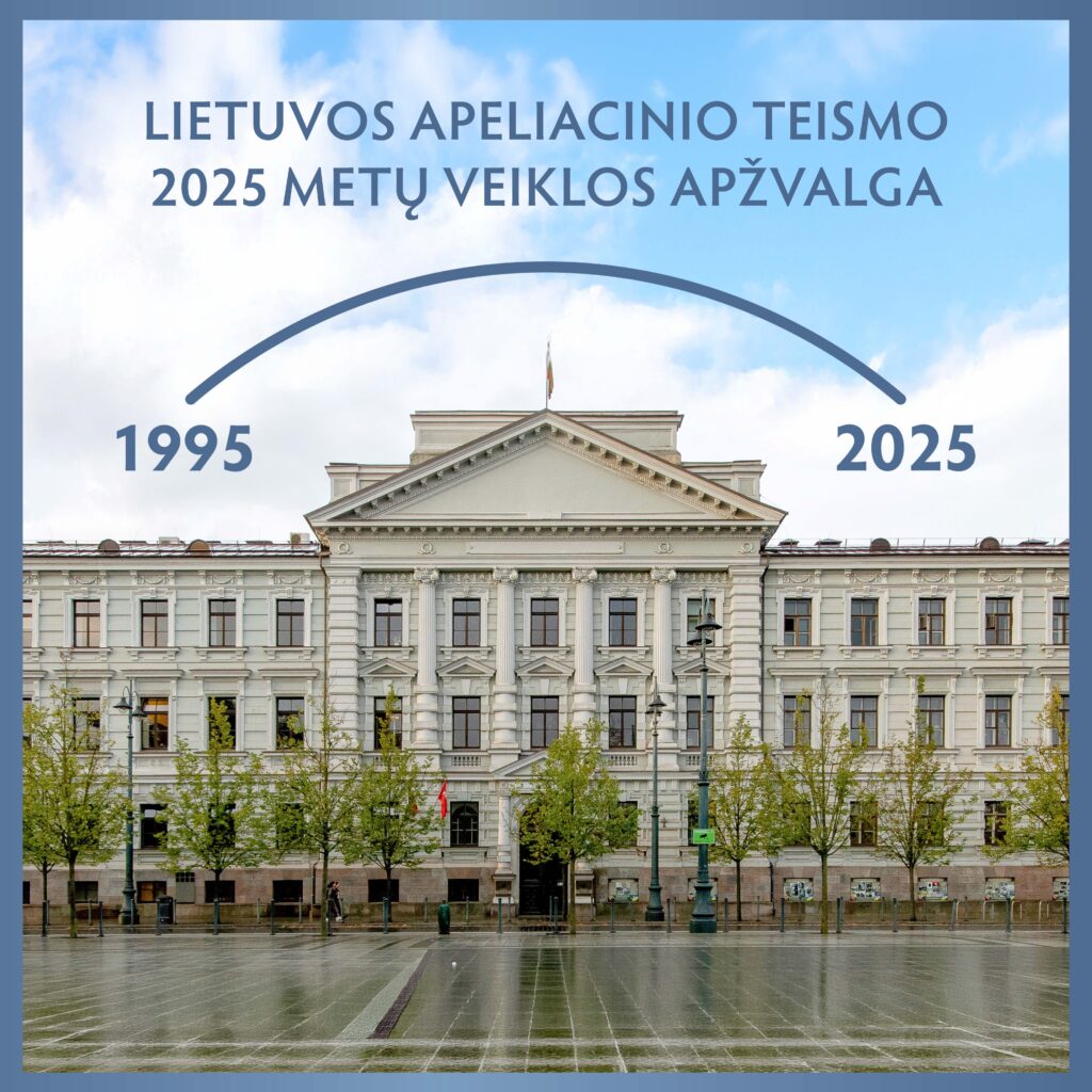 Leidinio viršelyje – Lietuvos apeliacinio teismo fasado nuotrauka. Virš pastato, kairėje pusėje, parašyta 1995, dešinėje pusėje – 2025, skaičius jungia mėlyna lanku nubrėžta linija.