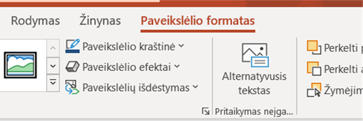 Vaizdas pateikčių rengyklės PowerPoint lietuviškoje versijoje