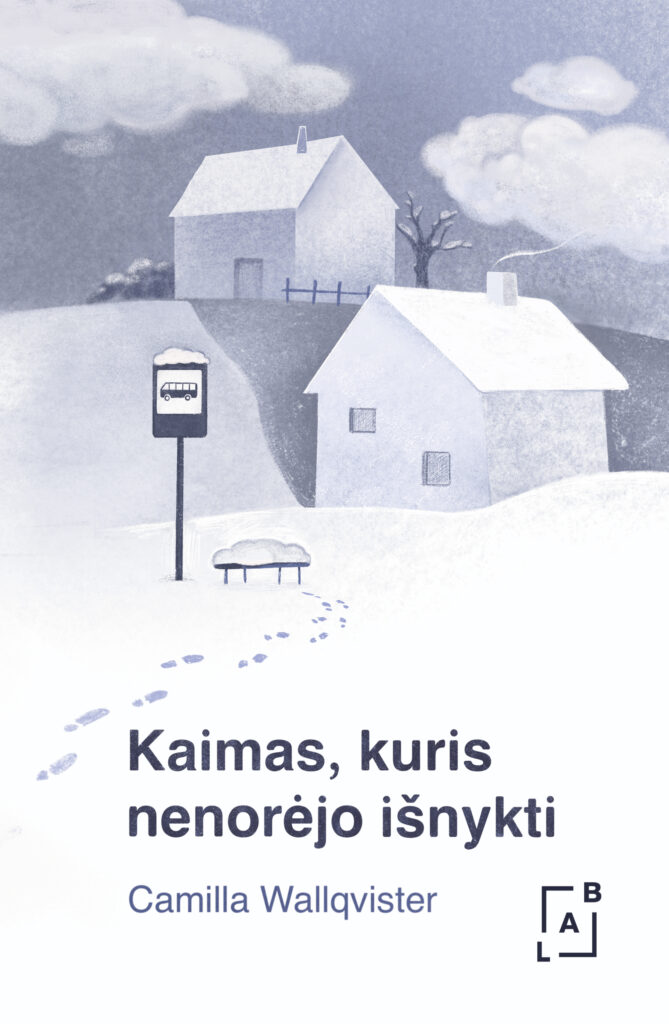 Viršelyje nupiešta kaimo autobusų stotelė žiemą. Sniego pusnių pilname lauke stovi autobusų stotelės ženklas ir apsnigtas suoliukas. Link suoliuko veda žmogaus pėdsakai sniege. Kiek dešiniau už stotelės matosi kaimas. Priekyje stovi troba apsnigtu stogu. Iš jos kamino kyla dūmai. Toliau ant kalvos stovi dar viena troba, aptverta žema tvorele. Greta jos auga medis be lapų, apsnigtomis šakomis. Visur labai daug sniego. Pilkame danguje plaukia dideli balti debesys. Viršelis nespalvotas, pilkas ir baltas. Viršelio apačioje parašytas knygos pavadinimas: „Kaimas, kuris nenorėjo išnykti“. Po juo autorės vardas ir pavardė: Kamila Valkvister. Apatiniame dešiniame kampe yra Lietuvos audiosensorinės bibliotekos logotipas.