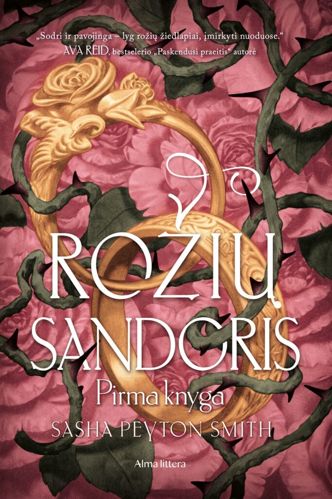 Knygos viršelio kompozicijos centre pavaizduoti du auksiniai susikabinę žiedai, dekoruoti reljefiniais augaliniais ornamentais, primenančiais rožių žiedus. Aplink žiedus vinguriuoja tamsiai žalios rožių šakos su aštriais spygliais ir dalinai su jais persipina. Foną sudaro dekoratyvūs rausvų rožių žiedai. Visi užrašai – balti. Viršuje smulkiu šriftu pateiktas Avos Reid, bestselerio „Paskendusi praeitis“ autorės, atsiliepimas apie knygą: „Sodri ir pavojinga – lyg rožių žiedlapiai, įmirkyti nuoduose.“ Žemiau vyrauja dideliu puošniu šriftu parašytas knygos pavadinimas „Rožių sandoris“. Po pavadinimu mažesniu šriftu parašyta: „Pirma knyga“. Apačioje nurodytas autorės vardas ir pavardė: Sasha Peyton Smith, o dar žemiau – leidyklos pavadinimas: Alma littera.