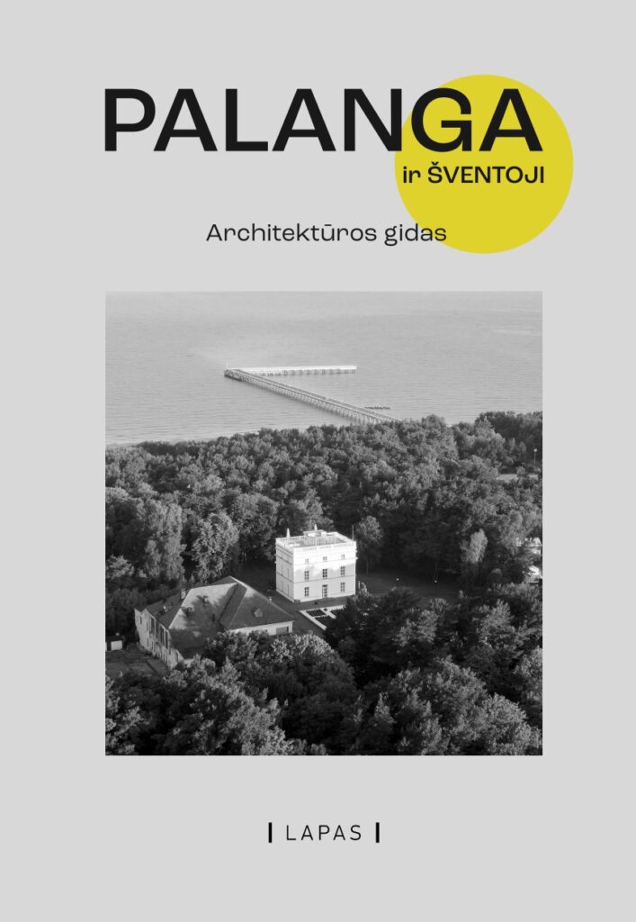 Pilko knygos viršelio viršuje užrašyta „Palanga. Architektūros gidas.“, šalia, geltoname skritulyje, pavadinimas papildytas žodžiais „Ir Šventoji“. Viršelio apačioje nurodyta leidykla „Lapas“. Pagrindinėje viršelio dalyje pateikiama nespalvota nuotrauka, kurioje iš viršaus įamžinta Palanga ties Baltijos jūra ir tiltu. Didžiojoje nuotraukos dalyje driekiasi tankus pušynas. Jo centre stūkso balta stačiakampė vila „Komoda“, kairėje iš po medžių šmėsteli žemesnio pastato tamsus, daugiašlaitis stogas. Už pušyno nusidriekia jūra su tiltu, kuris tolumoje pakreiptas devyniasdešimties laipsnių kampu į dešinę.