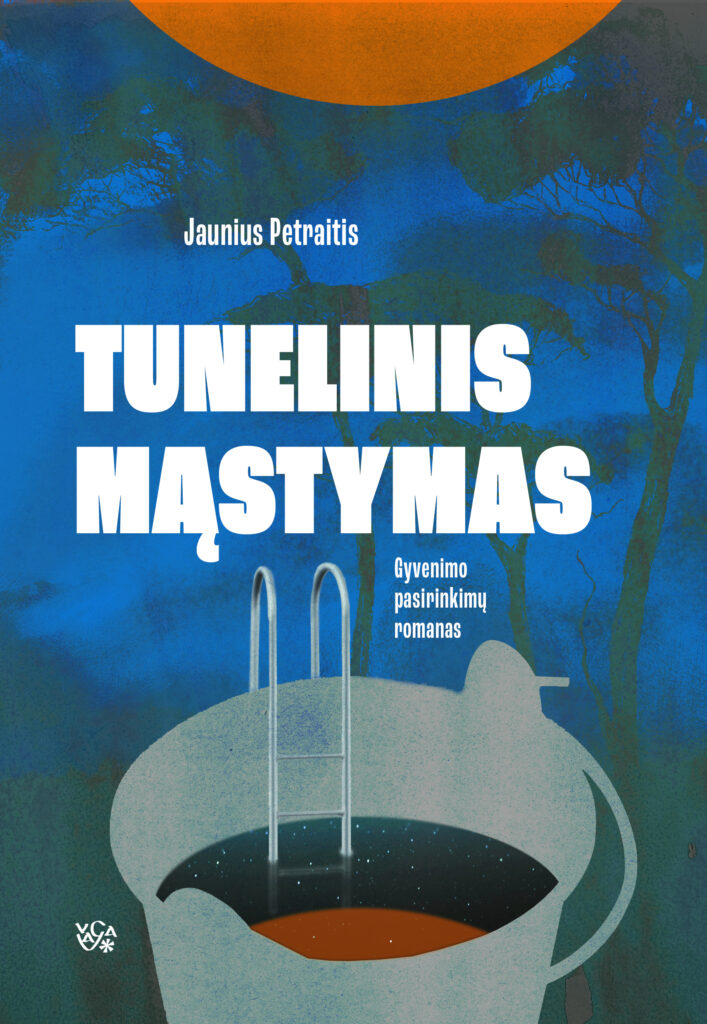 Vertikalios kompozicijos, stilizuotas mėlynų, žalsvų, pilkšvų ir oranžinių tonų viršelis. Fone matyti tamsūs medžių kamienų ir šakų siluetai, primenantys mišką ar parką. Viršuje šviečia oranžinio skritulio dalis, primenanti mėnulį. Kompozicijos apačioje pavaizduotas pilkšvas stilizuotas kibiras su rankena dešinėje ir kopėtėlėmis kairiau. Kopėtėlės leidžiasi į kibiro vidų, tarsi į baseiną, kur vanduo atspindi žvaigždėtą dangų ir oranžinį mėnulį. Šis siurrealistinis ir ironiškas vaizdinys kuria leidimosi į gylį, uždarą erdvę ar kitą tikrovę įspūdį ir vizualiai siejasi su knygos pavadinimu. Visi užrašai – balti. Viršuje – autoriaus vardas ir pavardė: Jaunius Petraitis. Žemiau stambiu šriftu per dvi eilutes pateiktas knygos pavadinimas: „Tunelinis mąstymas“. Dešinėje po pavadinimu smulkiau parašyta: „Gyvenimo pasirinkimų romanas“. Apačioje kairėje – leidyklos „Vaga“ logotipas.